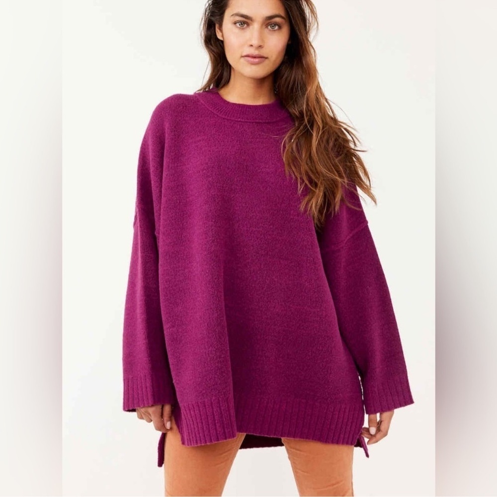 Free People Peaches Tunic Sweater Plum Caspia Hi Lo Mock Neck Sweater M - Picture 2 of 10